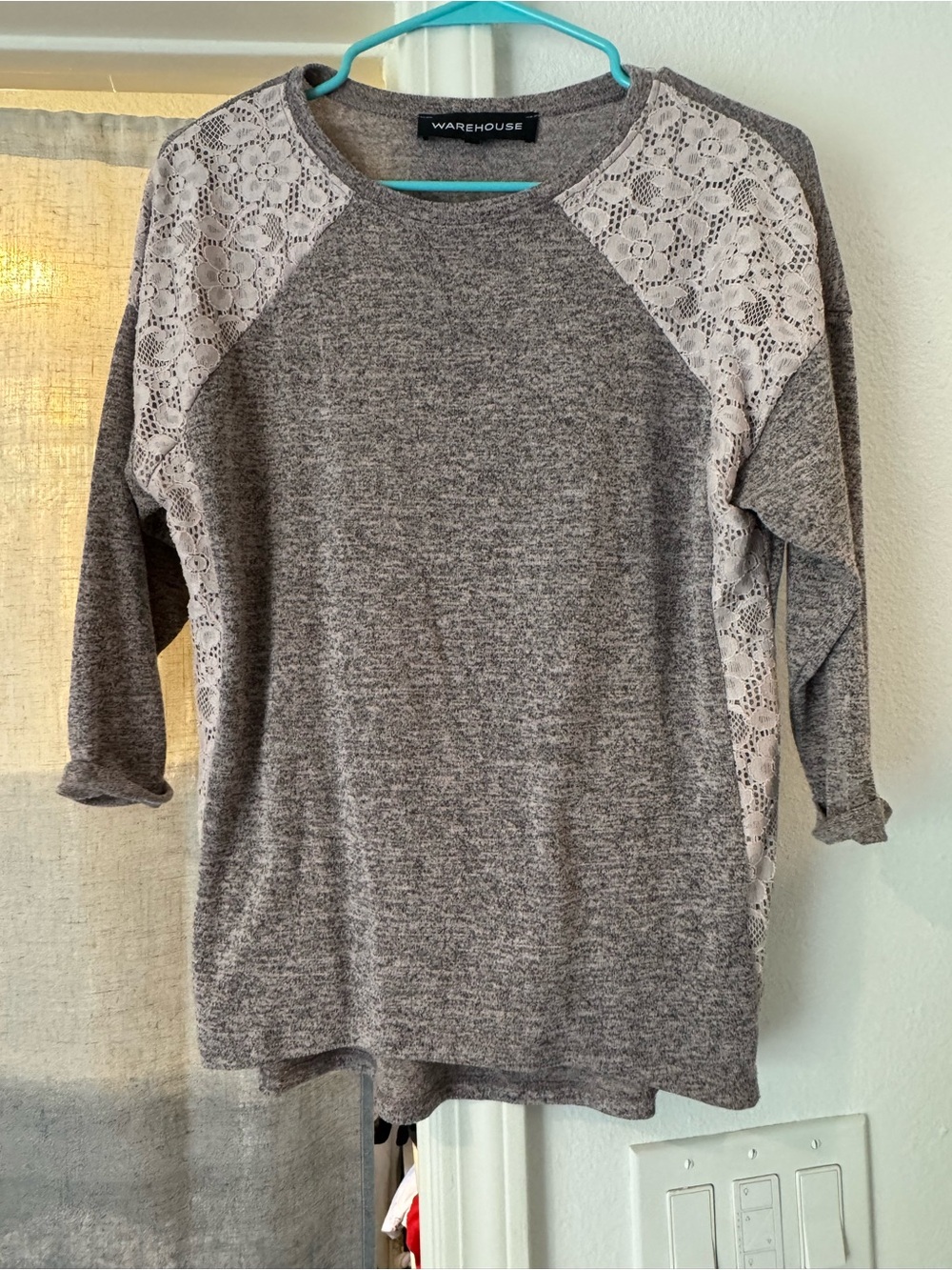 Warehouse Beige Knit Top with Lace Accents